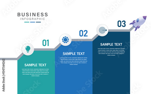 Infographic template for business presentation. Rocket with growing graph and 3 steps. Vector illustration