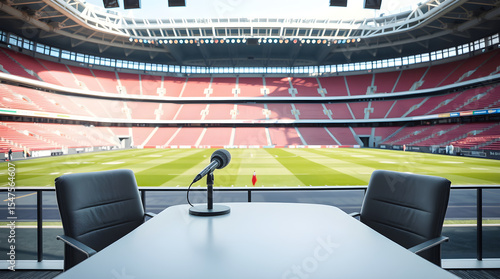 Microphone stands on table in press box overlooking empty stadium before soccer game