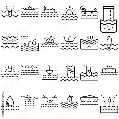 Collection of water themed line icons featuring swimming, waves, and various water activities and objects