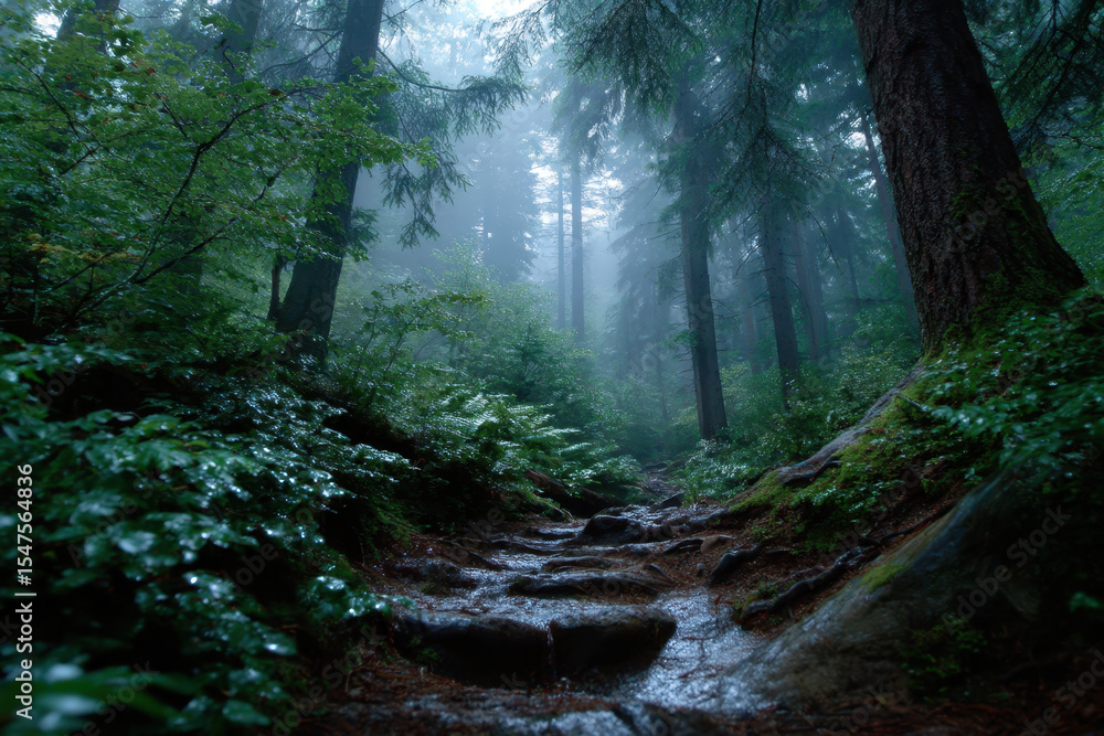 Misty forest path surrounded by tall trees and lush greenery during early morning light Misty forest path surrounded by tall trees and lush greenery during early morning light