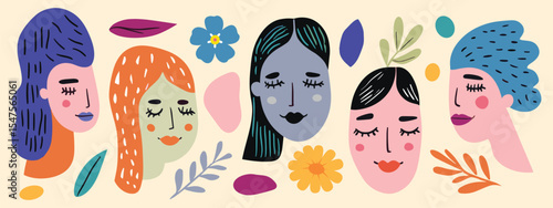 Colorful abstract illustration of diverse female faces with floral elements, vector set