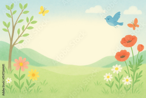 meadow with flowers and butterflies and bird