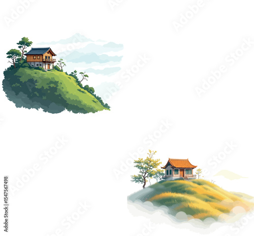Vsai two asian houses resting on verdant hills with clouds and trees
