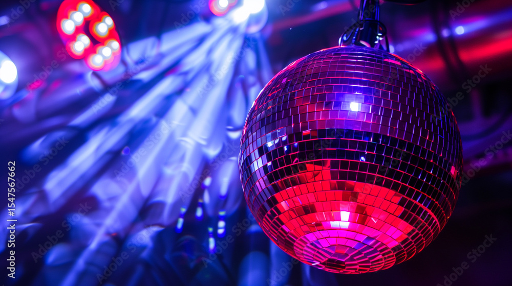 Fototapeta premium Disco ball casting dynamic light patterns, metallic reflections in a vibrant dance atmosphere 
