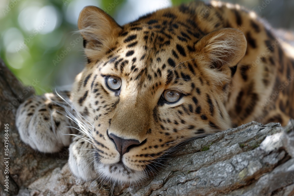 Naklejka premium Leopard resting on a tree branch in a lush environment during daytime