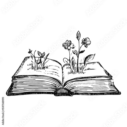 Opened book sketch drawing flowers vector