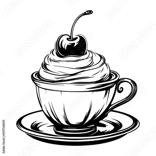 Simple custard pudding cherry on top on the cup linear art illustration dessert vector