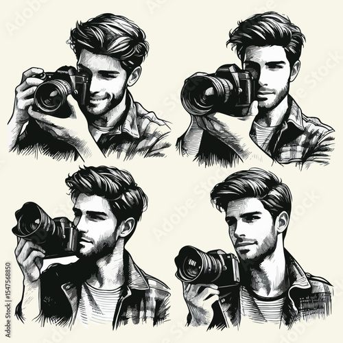 Photographer one young man taking pictures on camera sketch vector hand drawin
