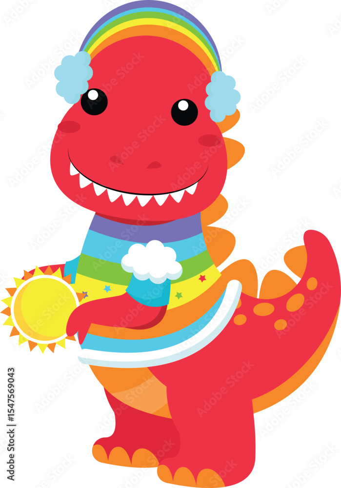Obraz premium Adorable Rainbow Dinosaur Illustration Cute Cartoon Dino Holding Sun