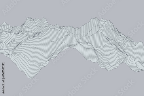 Gray background with abstract linear turbulence flowing like digital mountains and valleys in line art style
