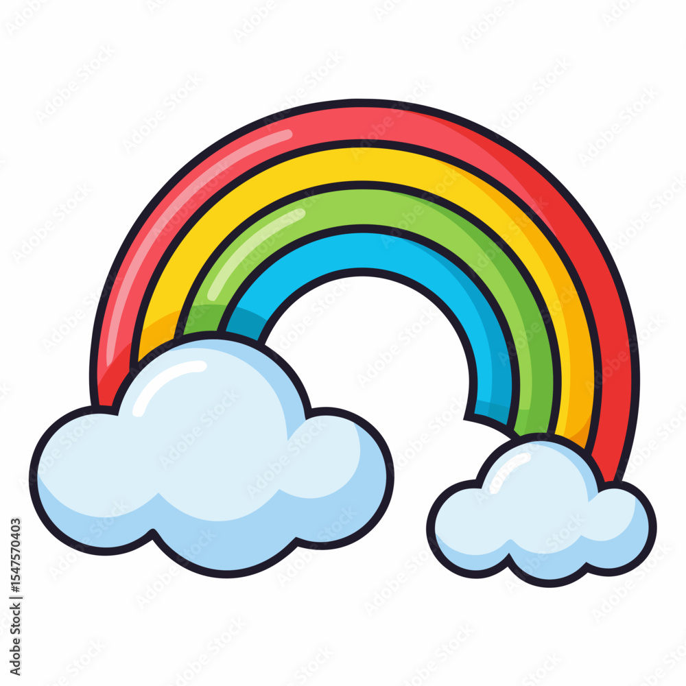 Rainbow emerging through clouds in vector art, white background Rainbow emerging through clouds in vector art, white background