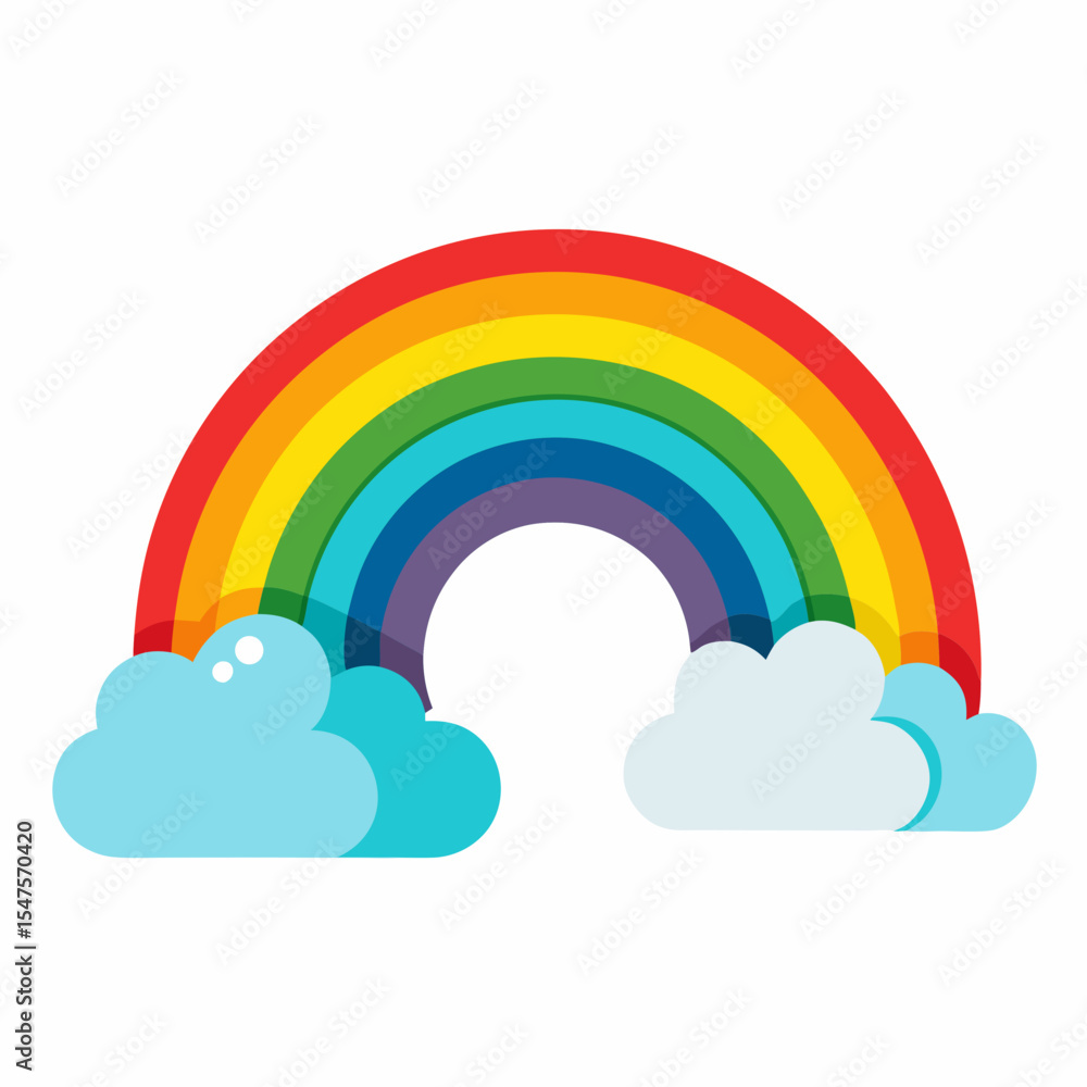 Rainbow emerging through clouds in vector art, white background Rainbow emerging through clouds in vector art, white background