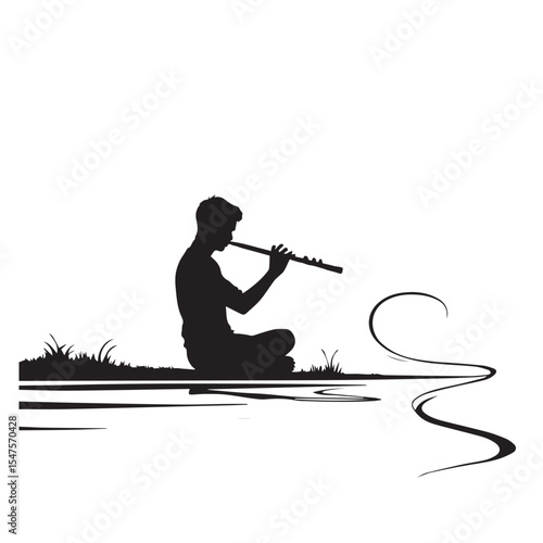 Silhouette of a man playing flute by the river