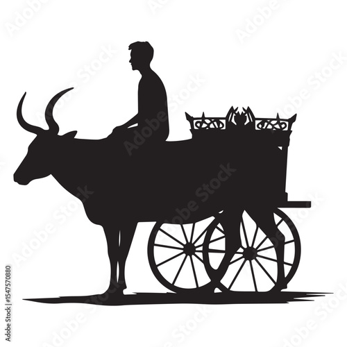 Silhouette of a man riding an ox cart