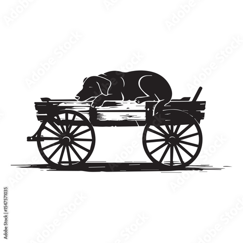 Sleeping dog in a vintage wooden wagon