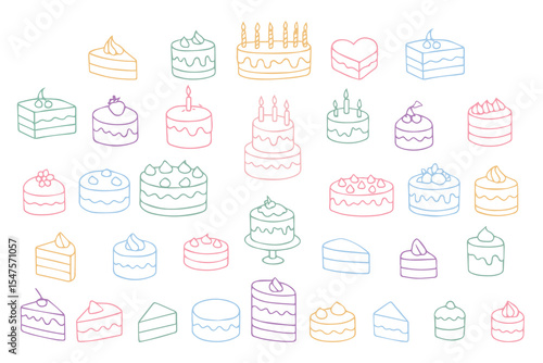 Hand drawn cakes, cupcakes. Doodle style. Bright colorful trendy designs for International Cake Day and Birthday. Vector illustration on white background. Vector 