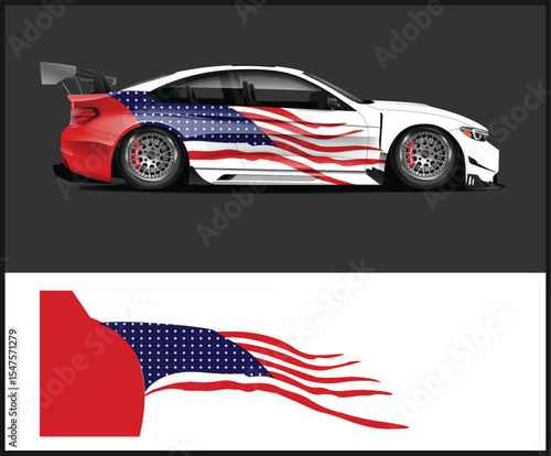 Modern car wrap design with red black and white graphics for vehicle branding