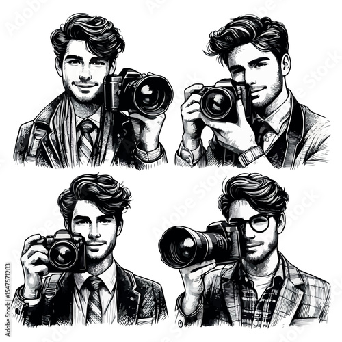 Male photographer with camera hand drawn sketch vector