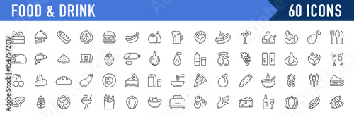 Food and Drink web icon set in line style. Meal, restaurant, dishes, fruits, fastfood, burger, pizza, coffee, sandwich, collection. Vector illustration.