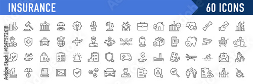 Set of 60 Insurance web icons in line style. Medical, Car, insurance situations, accident, health, flood, life, travel, fly, home. Vector illustration.