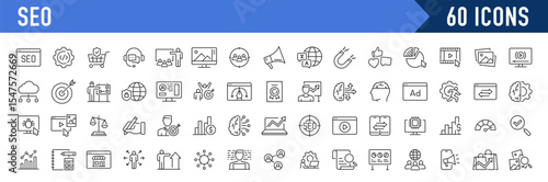 SEO web icons in line style. Contact, target, business and marketing, traffic, ranking, optimization, website collection. Vector illustration.