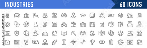 Industries icons. Editable Stroke. Technology, finance, healthcare, automotive, energy, retail, construction, hospitality, tourism, education, agriculture. Vector illustration.