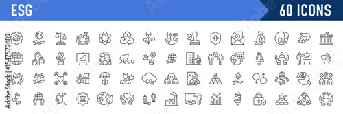 ESG, Environmental Social Governance web icons in line style. Sustainable developmen , sustainability, net zero, climate crisis, recycle, electric car, collection. Vector illustration.