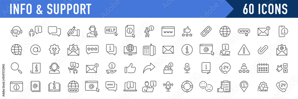 Info and Support web icons in line style. Assistant, Information, support, online help, info center, manual, instruction, rules, instruction, rules, collection. Vector illustration. Info and Support web icons in line style. Assistant, Information, support, online help, info center, manual, instruction, rules, instruction, rules, collection. Vector illustration.