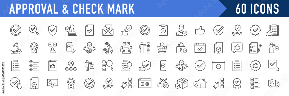 Checkmark and Approved web icon set in line style. Checklist, accepted, stamp, accept, agree, quality control, collection. Vector illustration. Checkmark and Approved web icon set in line style. Checklist, accepted, stamp, accept, agree, quality control, collection. Vector illustration.