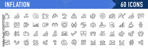 Inflation web icons in line style. Crisis, economic, unemployment, hyperinflation, inflation rate, scarcity, price increase, money, investment, depreciation, energy, transportation, collection. Vector
