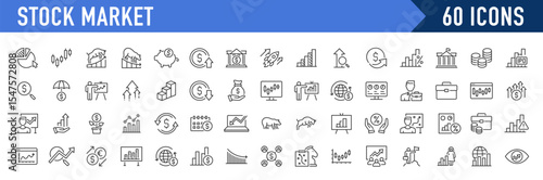 Stock Market web icons in line style. Investment, finance, table, bear, bull, stock exchange, profits, trading, growth ,collection. Vector illustration.