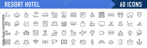 Resort Hotel web icons in line style. Wellness, beach, tourism, hotel, passport, maps, spa, landscape, camera. Icon collection. Vector illustration.