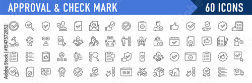 Checkmark and Approved web icon set in line style. Checklist, accepted, stamp, accept, agree, quality control, collection. Vector illustration.