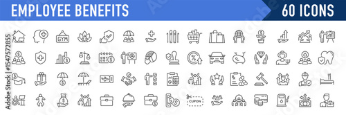 Employee benefits web icons in line style. Health insurance, bonus, social security, maternity rest, paid vacation, collection. Vector illustration.