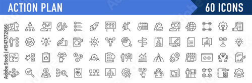 Action plan web icon set in line style. Schedule, plan, implementation, strategy, analysis, collaboration, check, collection. Vector illustration.