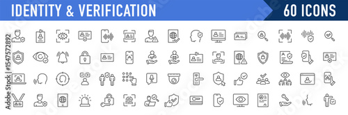 Identity and Verification web icons in line style. Passport, biometric, tools, driving license, face id, code, finger, collection. Vector illustration.