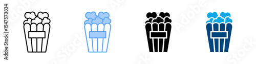 Popcorn Icon Set Multiple Style. Designed In Outline, Blue, Glyph, Dual Tone