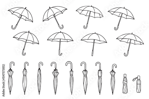 Set of open and closed umbrellas in doodle style. Hand drawn umbrellas. Vector illustration on white background. Vector