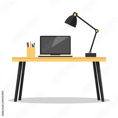 a desk with laptop and desk lamp