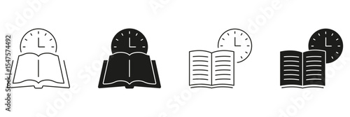Open Book With Clock Line And Solid Icon Set. Time Management, Study Scheduling, And Reading Planning Symbol Collection. Educational And Productivity Concept. Isolated Vector Illustration