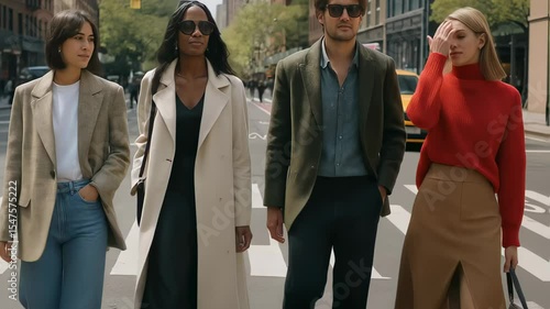 Four friends in mixed layers stroll striped crosswalk, group style shows unity and trend, passing taxis frame group style energy, onlookers admire group style statement. concept social trend