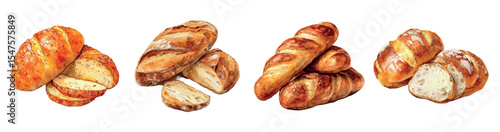Set of fragrant bread with golden crust png. Watercolor baked bread, loaf, baguette. Concept of wheat products, baking bread etc. bakery products. Vector illustration.