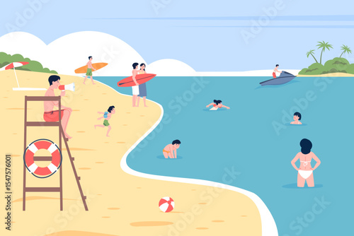Lifeguard on beach watching swimmers. Adults children swimming in sea. Seasonal beachside with lifesaver on tower, rescue with lifebuoy, recent vector scene