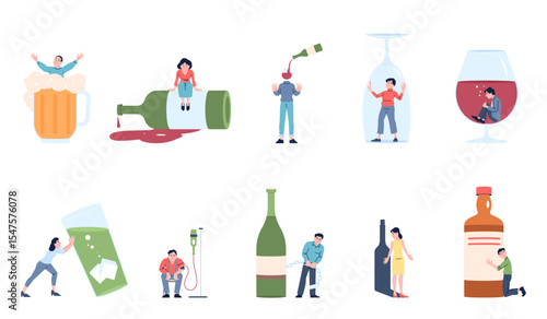 Alcohol addiction. Alcoholic characters with beverage bottles and glasses. Men women abuse wine whiskey cognac, unhealthy lifestyle recent vector scenes