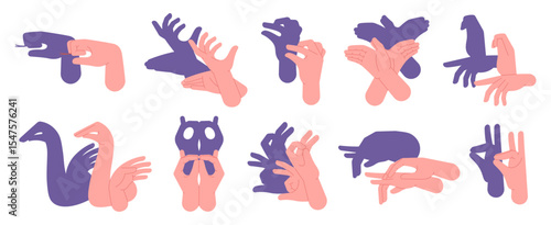 Hand shadow theater. Theatrical gestures, human hands shows different animal. Animals silhouettes for children puppet show, racy vector set