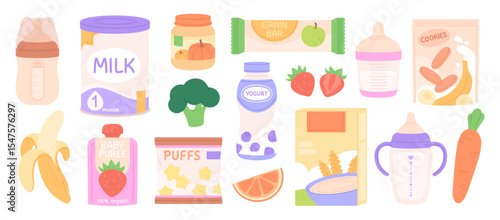 Food for baby. Toddler nutrition in boxes, bottles and jars. Isolated fruits, berries, vegetables, smashed and fresh. Milk powder for newborn, racy vector clipart