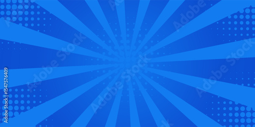 Blue comic sunburst effect background with halftone. Pop art comic-style vector background. Suitable for templates, sale banners, events, ads, web and pages