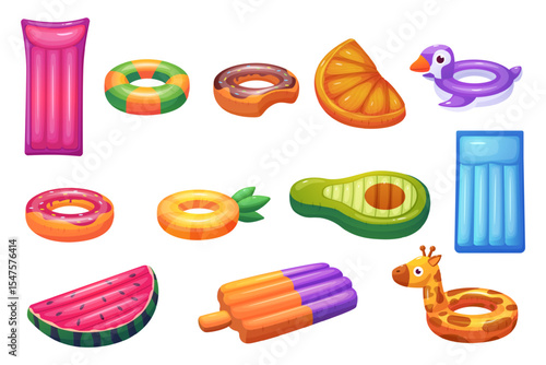 Rubber swimming mattress. Funny swim rings, penguin, giraffe, ice cream, donut and watermelon slice. Cartoon beach accessories nowaday vector set