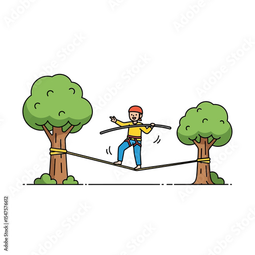 Focus and Balance: Tightrope Walker with Safety Gear and Poles Between Trees