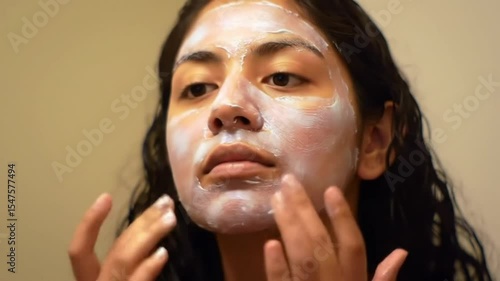 Beauty treatment themes Hispanic young woman setting a facial mask with moisturizing, nutrition, hyaluronic acid and acne removal while looking at a mirror in the bathroom.